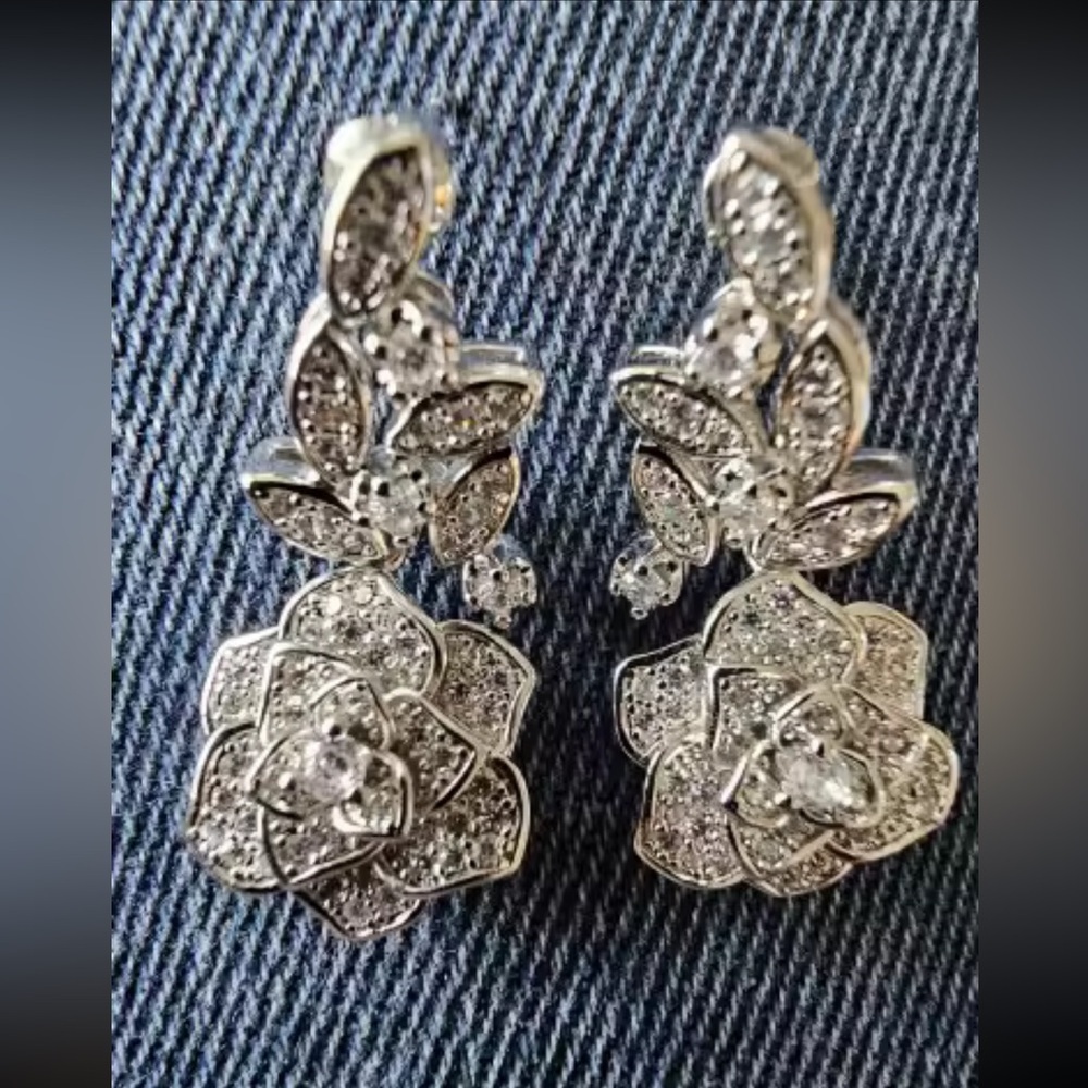 Rose Silver Crystal Diamond Earrings – Floral Statement Jewelry - Picture 2 of 9